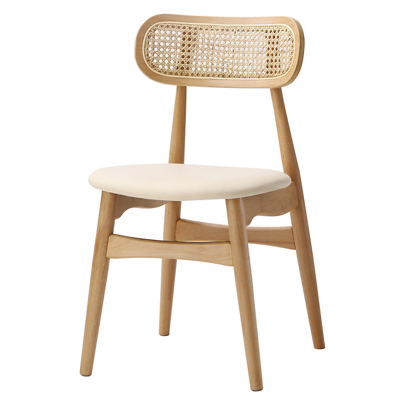 High Quality Solid Ash Wood Home Furniture Rattan Backrest Leather Seat Solid Wood Dining Chair