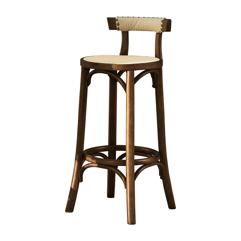 wooden bar counter leisure coffee shop high stool rattan woven Nordic style retro backrest chair