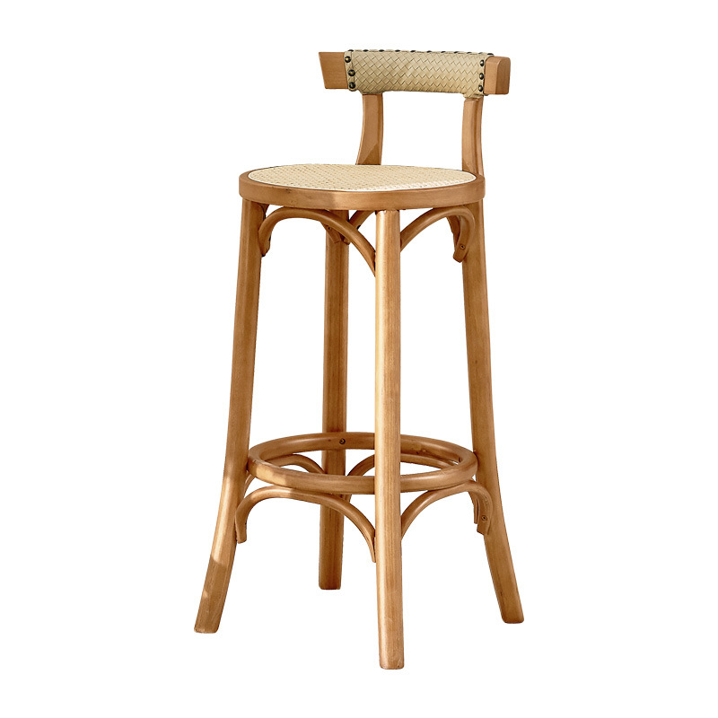 wooden bar counter leisure coffee shop high stool rattan woven Nordic style retro backrest chair